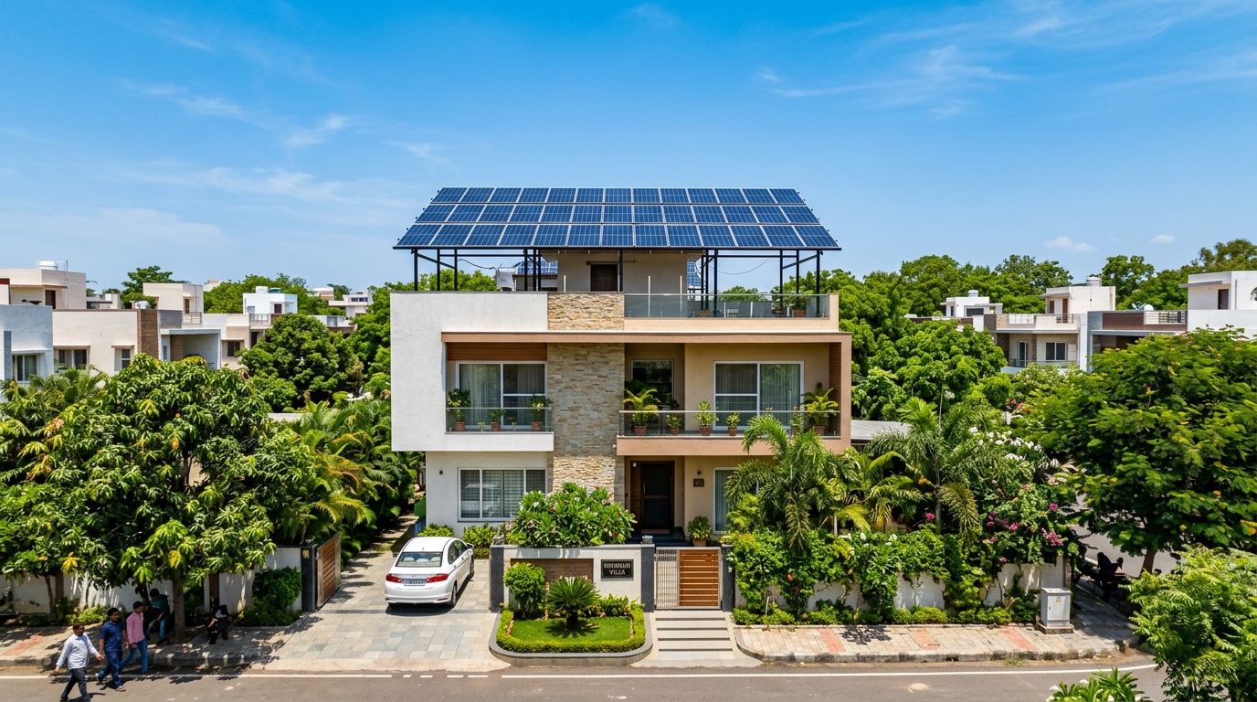 Solar panel array under bright blue sky Bhopal