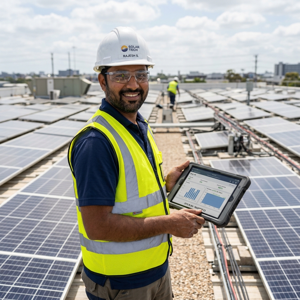 Solar technician performing maintenance cleaning in Bhopal