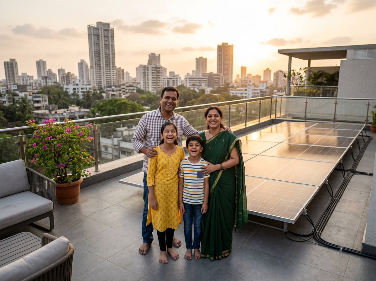 Indian family on solar panel rooftop in Bhopal